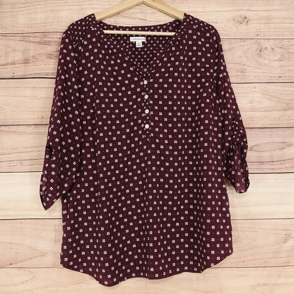 Croft & Barrow Blouse Womens XL Red Floral Henley 3/4 Sleeve Tunic Top Casual
